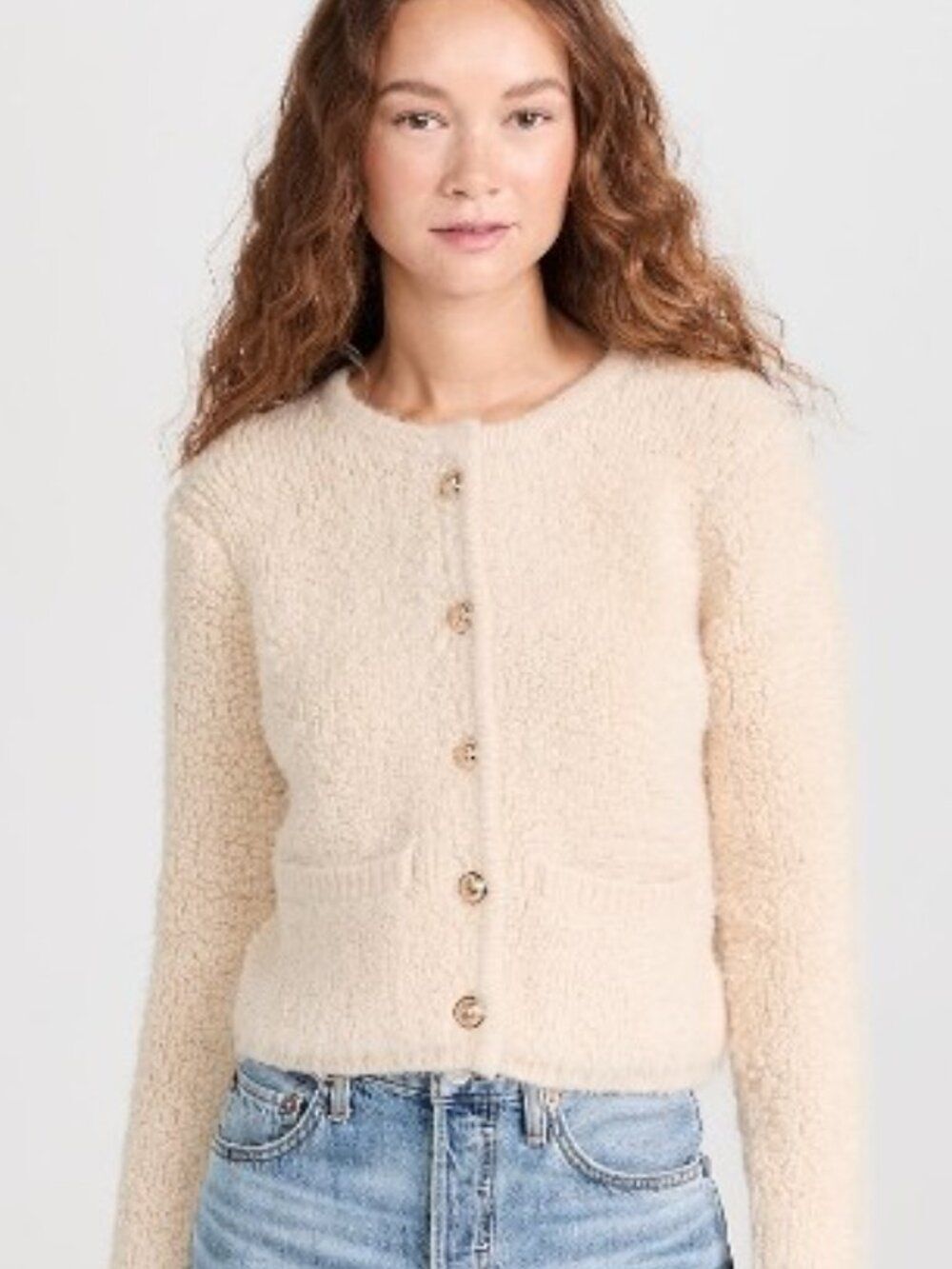 ASTR The Label Myrtle Cardigan Sweater Cream Sherpa Knit Gold Button